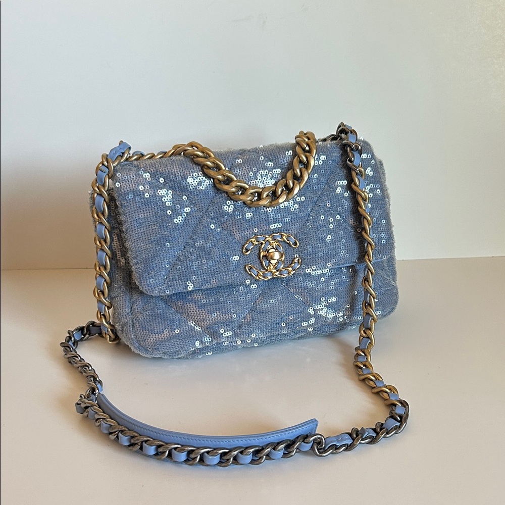 CHANEL Light Blue Sequin Quilted Flap Bag with Gold Chain